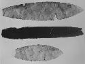 2 flints and obsidian knife from cache in str. Q-84. Cat.# 53-152, 53-151, 53-15