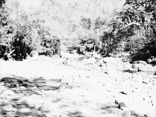 Men fishing by turning over stones, branch of Tabasara River