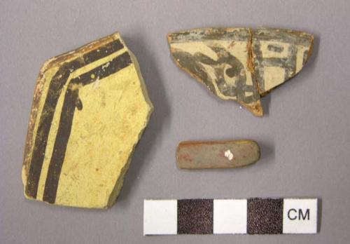 Ceramic sherds, tile? and rim sherds, polychrome or bichrome, redware or buff
