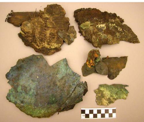 Metal, copper fragments and hardware from coffin? and wood fragments