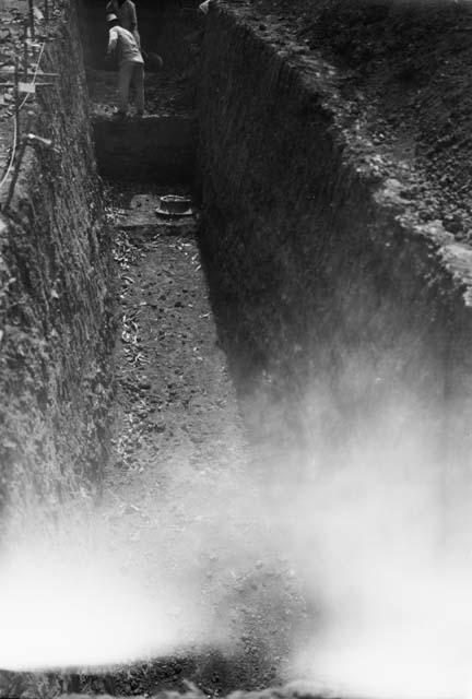 Excavations 2-31, showing trench and view of large olla, looking east