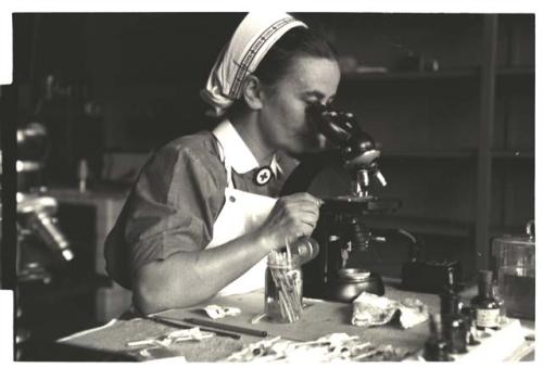 Nurse using microscope