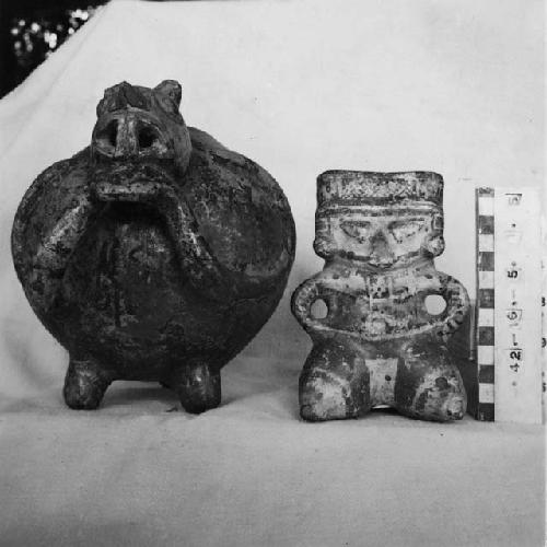 Two Nicoya Polychrome Objects; Left: Animal Effigy Jar; Right: Figurine