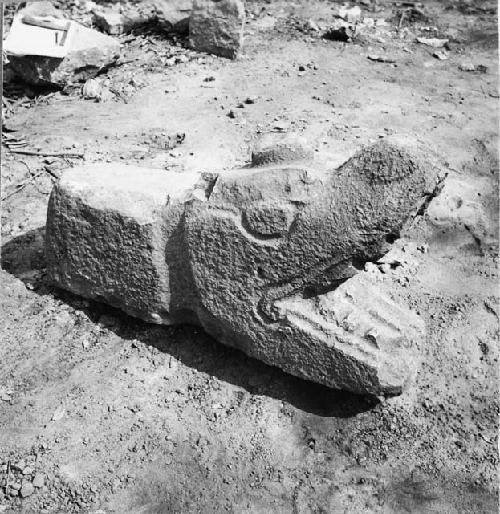 Sculptured serpent head, Structure Q-82; Main stairway; South balustrade