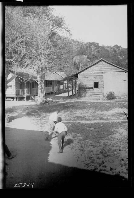 Children playing outside houses