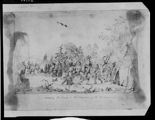 Carrying bride to the wigwam of the bridegroom, pencil sketch by Seth Eastman