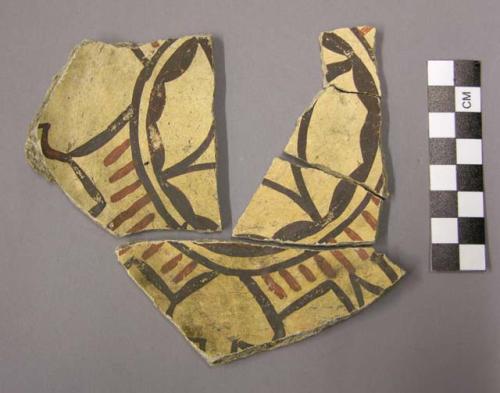 Ceramic sherds, polychrome designs one side, painted red other, buff