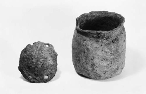 One clay vessel and one perforated potsherd