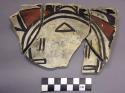 Ceramic sherds, dish?, polychrome designs one side, other painted red, buff