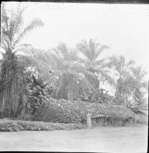 Woman standing in front of hut covered with sweet potato vines