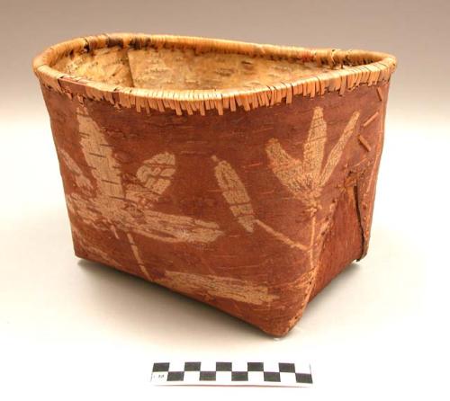 Bark basket with floral, line and triangle design