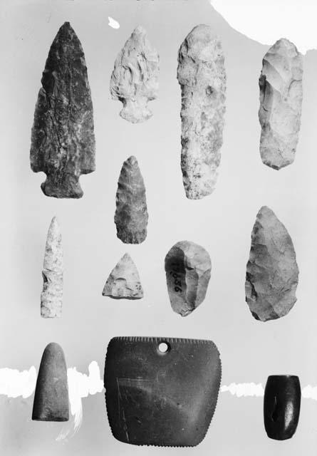 Projectile points, spear points, flint knives, bead, stone ornament