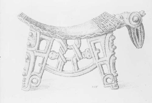 Drawing of carved stone metate found in southeast Group