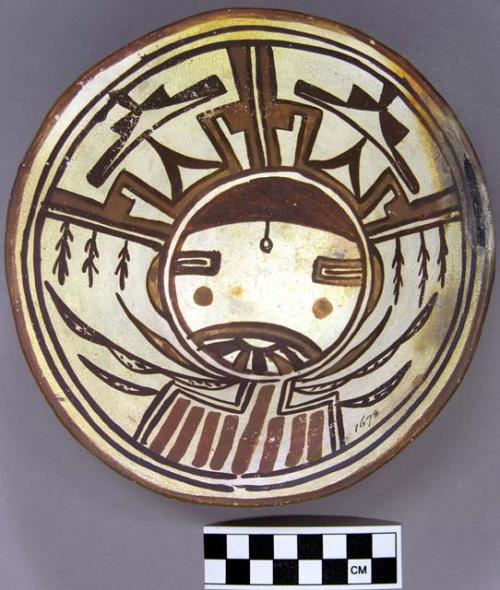 Bowl, polacca polychrome style c. int: kachina design; ext: slipped, no design.