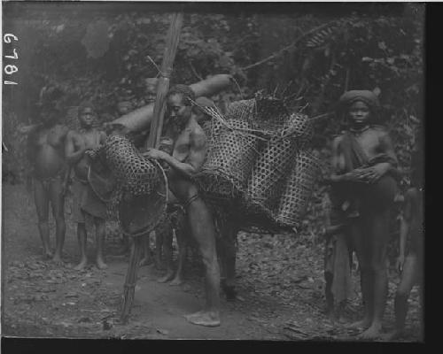 Women carrying fish - traps to stream