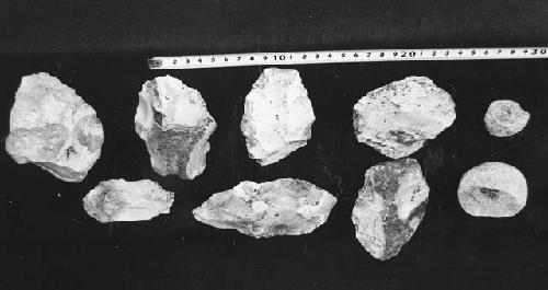 7 flint tools; 2 stone- cat. # 55-125.  From back terrace, Str. R-86