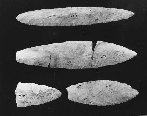 Ceremonial flints Class E2. Cat #53-214; 53-152; 53-153; 53-148