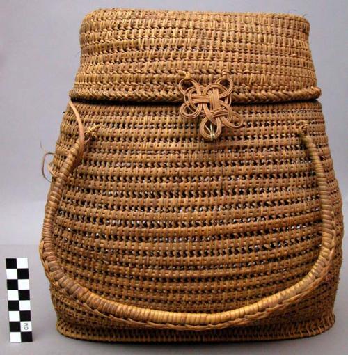 Coiled and twined basket with hinged cover and handles
