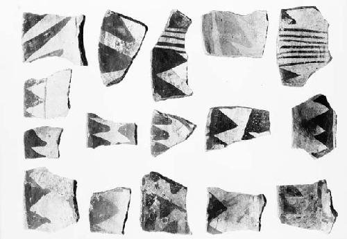 Black on white potsherds from Pueblo II levels, triangle designs, sites 12, 8