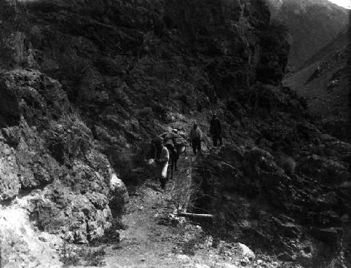 Man leading pack horse across bridge, Brushwood bridges, upper Koksu