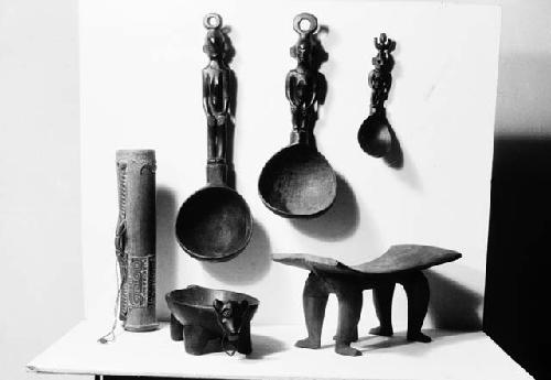 Canoe bailer, spoons, ladles or dippers, cermonial dish, drum