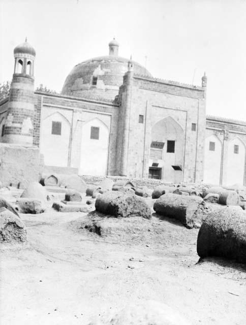 View of mosque from a distance showing cemetery