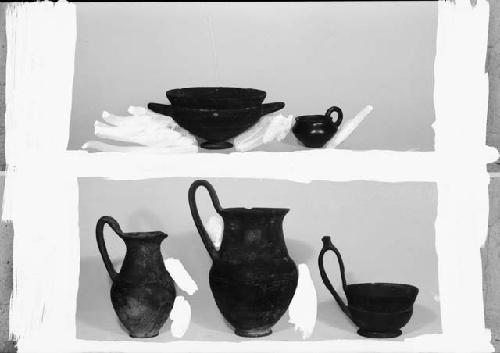 Five Etruscan pottery vessels