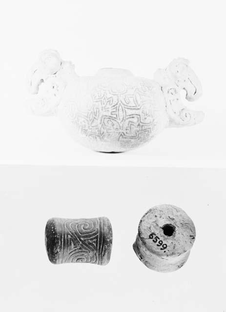 Earthen Rattle (6599), Earthen Cylinder (6600), Pottery Paint Pot Effigy (7911)