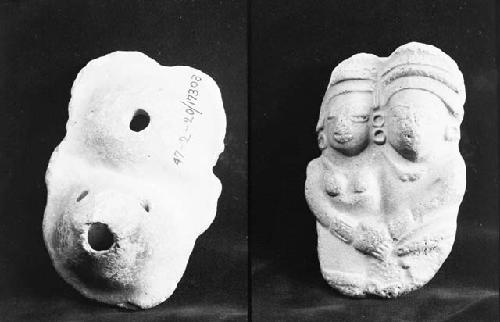 Double figurine, pottery whistle, two views