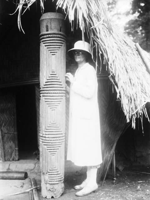Mrs. Schwab with old rotting drum, Sapo, Pudu clan