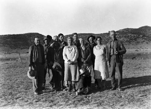 Peabody Museum expedition staff at site: Robert Wauchope (far left) with members of the Peabody's expedition team at the Pendleton Ruin.  Also pictured (among others) are Alfred V. Kidder (third from left) and Hattie and Burt Cosgrove (fourth from right and far right)