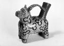 Pottery animal effigy vessel with spout and handle