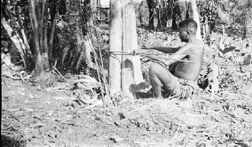 Man removing pith from bark layer for mat making