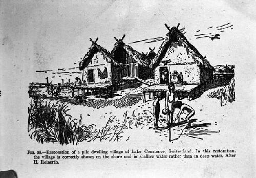 Illustration of restoration, pile dwelling village, Lake Constance, Switzerland