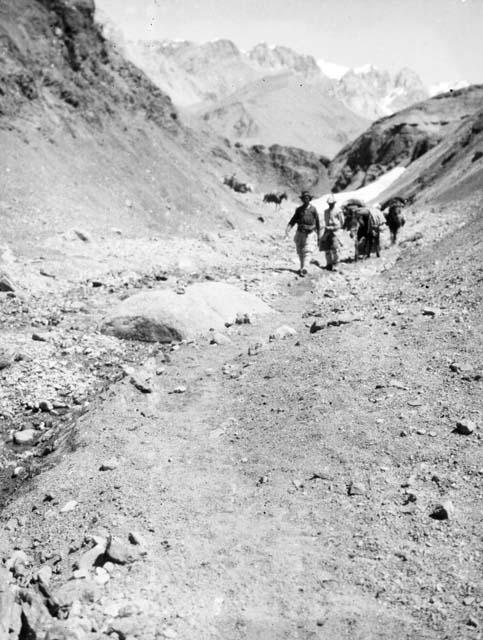 Two men in lead of caravan, loaded horses behind