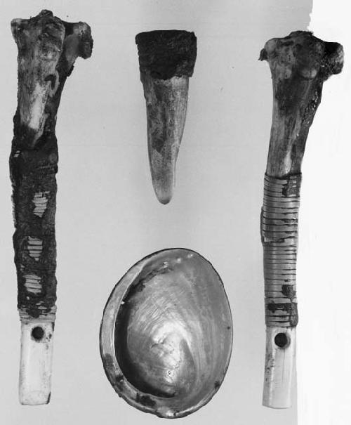 Bone whistles, antler implement; abalone shell