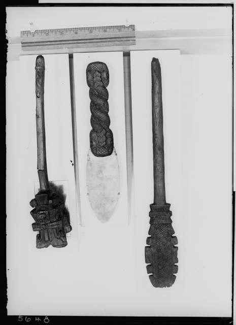 Ceremonial knife, mosaic staff, staff