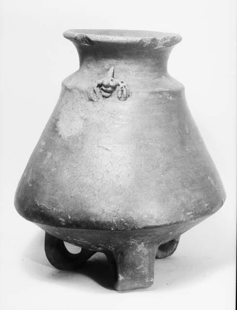 Pottery jar with flaring neck and 3 loop legs