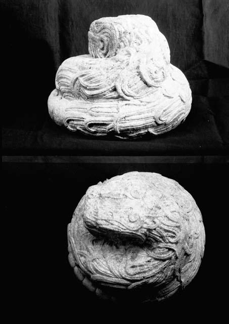 Side and top views of coiled serpent stone