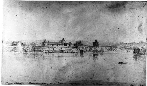 Mississippi River, Fort Armstrong, Rock Island, pencil sketch by Seth Eastman