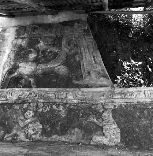 Stucco reliefs on pyramid at Comalcalco