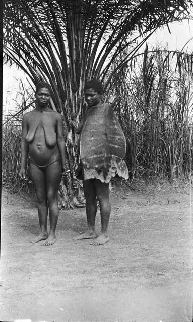 Two woman in front of tree, one with hide protecting infant from the sun