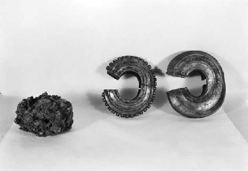 Two decorated anklets and a lump of native iron "Kpesse"