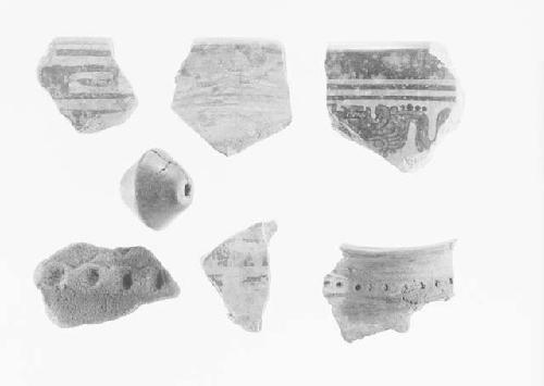 Polychrome rim sherds, pottery bead