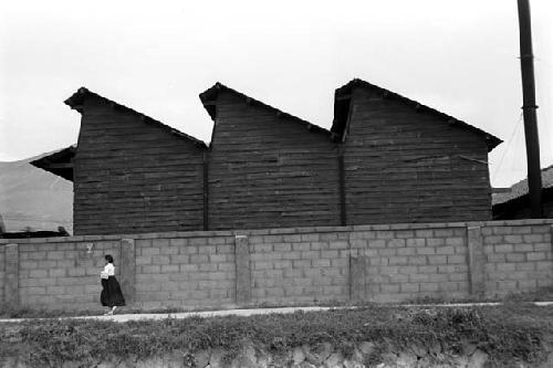 Woman standing in front of building with three slanted roofs.