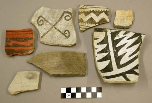 Ceramic, rim and body sherds, some black paint on red or white, some corrugated