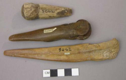 Chisel edged antler ends with spherical heads; Bone and antler implements.