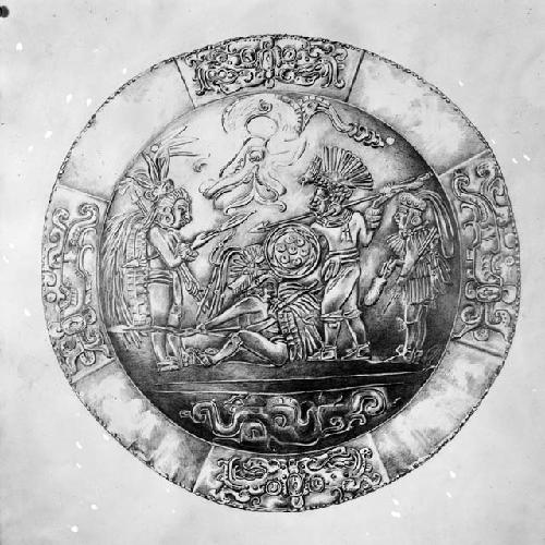 Gold plate with designs of men with weapons