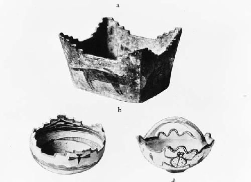 Zuni prayer meal bowls, basket shaped vessels