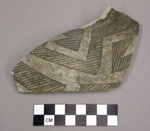 Ceramic, body sherd, jar?, black linear geometric designs exterior, bichrome?